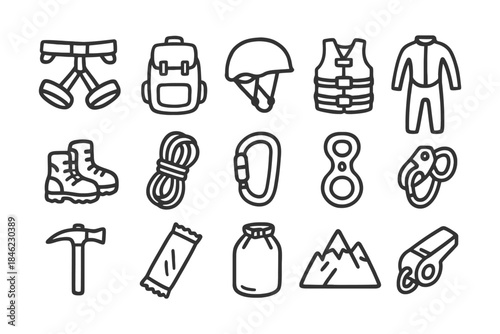 Essential climbing gear icons: harness, helmet, backpack, boots, rope, carabiner, axe, mountain, whistle.