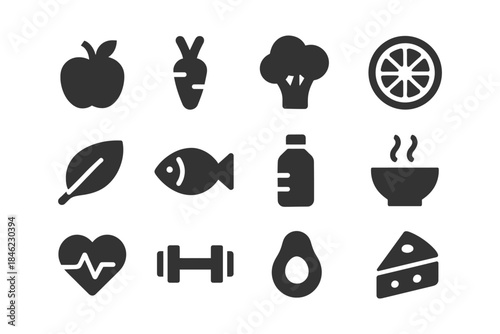 Healthy food and fitness icons: apple, carrot, broccoli, fish, avocado, cheese, heartbeat, weight.