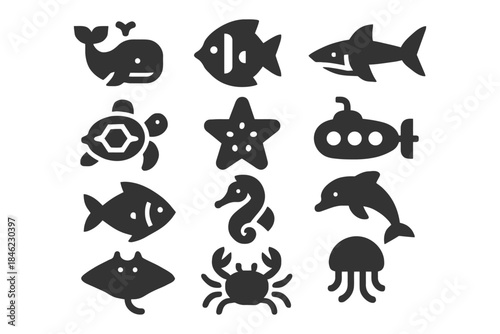 Black silhouette sea creatures set including fish, whale, turtle, and submarine.
