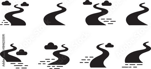 Winding river icons with clouds and rain symbols on white background stream water