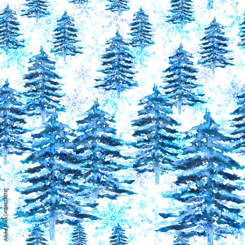 Watercolor winter snowy spruce forest seamless pattern
