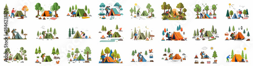 Vector illustration bundle of people setting up tents, backpacking, and enjoying various outdoor camping activities, showing forest campsites and campfires.