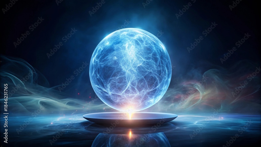 Obraz premium A luminous orb of energy, suspended above a sleek, dark platform, radiates ethereal light amidst swirling nebulae, creating a mystical and captivating scene.