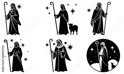 Shepherds with Staffs and Stars Silhouette on White Background night