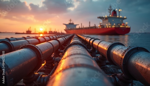 Rows of large metal pipes at a port with a cargo ship docked at sunset. Industrial structures and glowing sun in background. Oil and gas infrastructure. © Pete