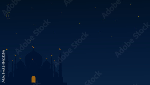 Elegant Mosque Silhouette at Night. Ramadan Background with Crescent Moon and Stars for Greeting Card.
