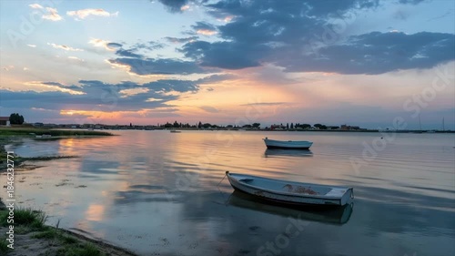 Sunset over calm water with boats; clouds reflect. Shoreline buildings distant. Tranquil scene
