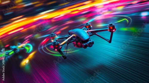 A dynamic drone captures stunning views in a vibrant cityscape. Experience the thrill of flight amidst enchanting light trails. Explore the future of aerial photography. Generative AI