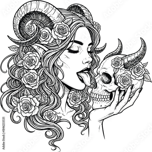 Detailed line art of a beautiful demoness with ram horns and roses sensually licking a horned skull.