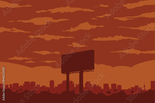 Silhouette billboard stands tall against cityscape at sunset, use this for advertising or modern marketing campaigns with a warm, urban feel