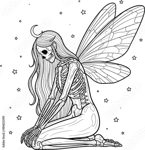 Kneeling skeletal fairy with long hair a crescent moon and detailed butterfly wings.