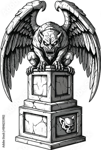 Menacing Gothic Gargoyle with Spread Wings and Bared Fangs Perched on a Cracked Stone Pedestal.