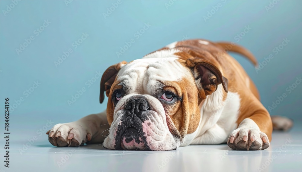 Fototapeta premium Bulldog Resting Against Clean Blue Background