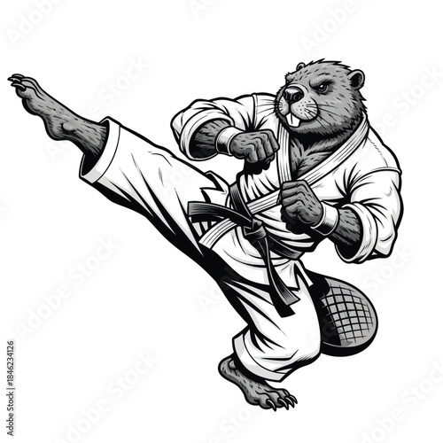 Muscular anthropomorphic beaver in a karate gi with a black belt executing a powerful high kick.