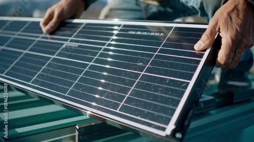 Man installing solar panel on rooftop for renewable energy