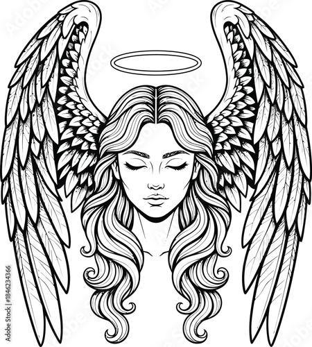 Serene Angel Woman with Closed Eyes and Detailed Feathered Wings Black and White Line Art Illustration.