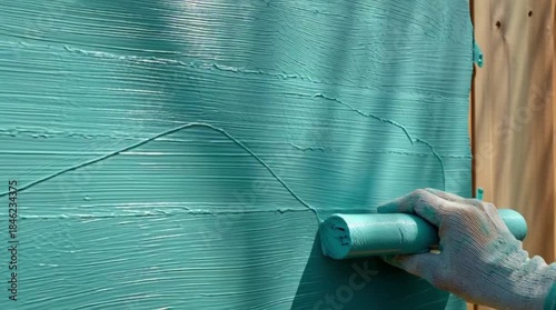 Man painting wall with teal color roller
