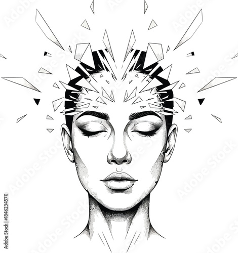 Serene womans portrait with closed eyes her head exploding into sharp geometric glass shards.