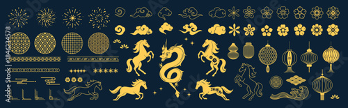 Chinese New Year decorative elements vector set with golden horse dragon lantern cloud flower and geometric ornaments. Elegant oriental design for greeting cards invitations packaging banners and ads.