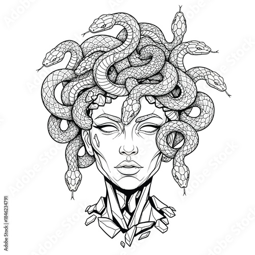 Stylized Medusa Gorgon head with writhing snakes for hair and a fractured stone neck depicted in detailed black and white line art.