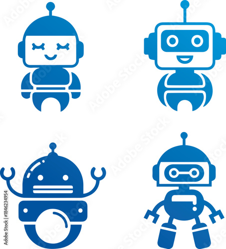 Cute Blue Robot Characters Set: AI, Technology & Automation Icons Collection