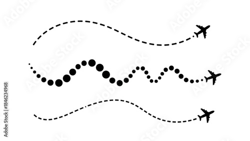 Minimalist Airplane Flight Paths Set with Dotted Lines, Representing Air Travel Routes and Journey Concepts