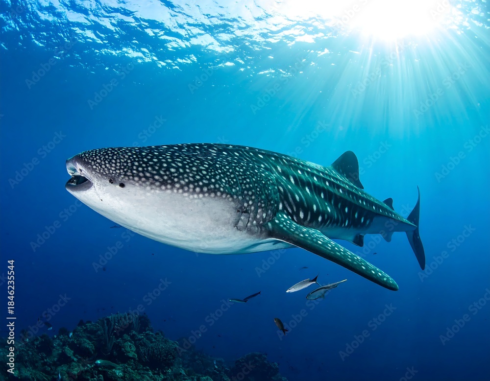 Naklejka premium Large, spotted, marine creature swims in turquoise waters, sun shining
