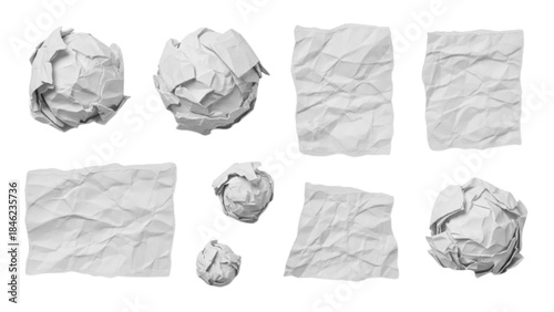Collection of various crumpled white paper pieces and flat wrinkled sheets, ideal for creative textures and backgrounds