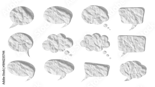 Collection of unique textured paper speech and thought bubbles, ideal for various design applications