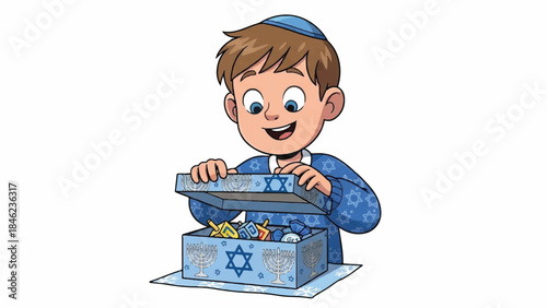 Happy Jewish boy opening a treasure chest. Blue and white color scheme. Star of David symbol. Vector illustration of a child with a kippah. Celebration. Holiday. Traditional clothing.