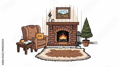 Cozy living room interior. Fireplace with burning fire. Armchair and coffee table. Christmas tree on side. Vector illustration on white background.