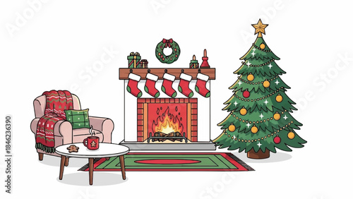 Christmas living room interior. Vector illustration of holiday home decor. Christmas tree, fireplace, armchair and coffee table. Winter festive scene. Holiday background. Cozy room with
