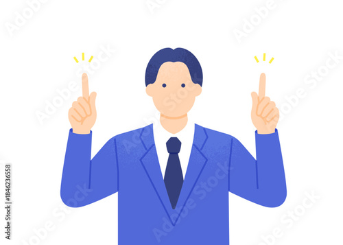 重要なポイントを指差すスーツの男性。頭上の空間を指す会社員のベクターイラスト素材。