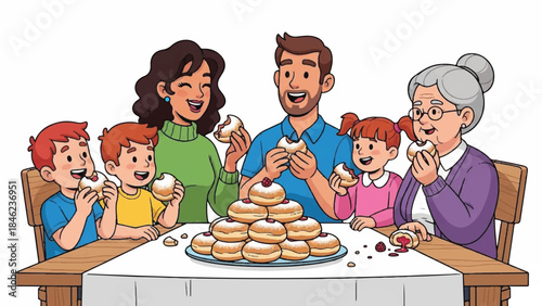Family enjoying donuts together. Happy family eating donuts. Donut party with kids and adults. Family having fun. People sitting at table. Vector illustration of family with donuts. White