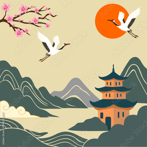 Elegant Chinese landscape vector featuring a traditional pagoda, misty mountains, and graceful crane birds. Inspired by oriental art, suitable for travel, culture, nature, and Asia-themed designs.
