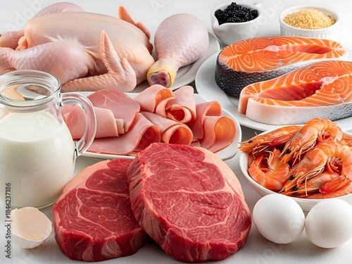 Assortment of raw meat, fish, and dairy products on a white surface