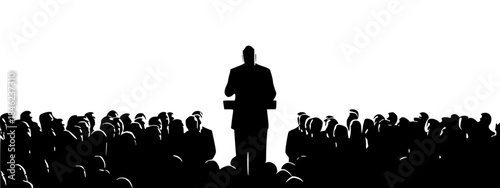 Black silhouette illustration of a speaker at a podium addressing a large audience.