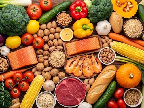 Assorted fresh produce and protein rich foods on a wooden surface