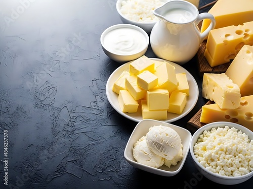 Assortment of dairy products including butter, cheese, and cottage cheese on a dark surface