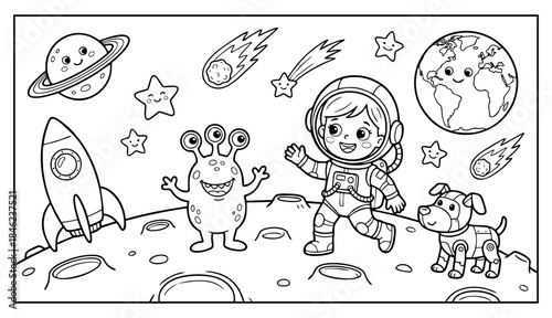 An exciting space adventure coloring book for kids with an astronaut alien dog rocket planets and stars