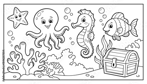 An adorable underwater adventure coloring book for children featuring cute sea creatures like an octopus fish and seahorse