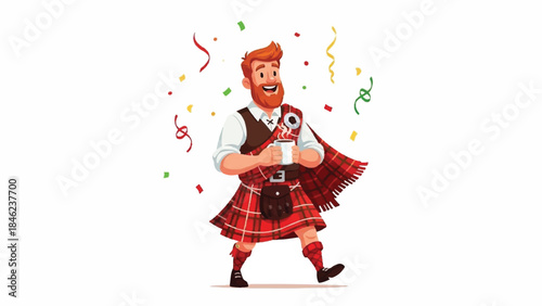 Happy Scottish man in traditional kilt. Red tartan pattern. White shirt, black vest. Playing bagpipes. Colorful confetti and ribbons. Vector illustration on white background.
