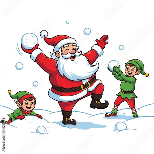 Santa Claus and elves playing snowballs. Christmas scene with Santa and elves. Snowball fight illustration. Winter holiday cartoon characters. Vector graphic.