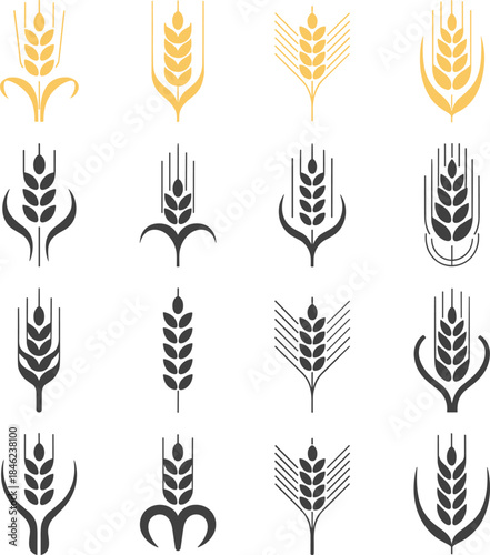 Assortment of Wheat and Grain Ear Icons in Yellow and Black Keywords: wheat, grain, ear, stalk