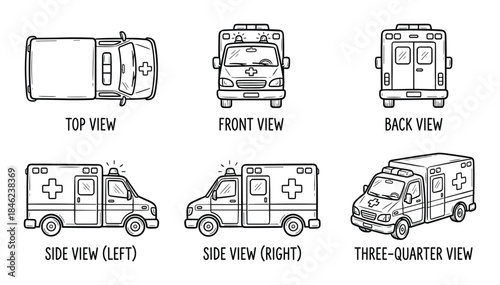 Ambulance vehicle blueprint in different views line art medical transport emergency rescue first aid service