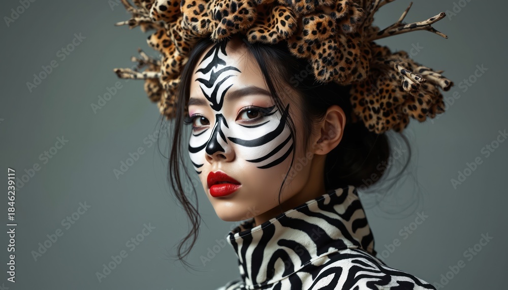 Obraz premium Asian woman models striking zebra face paint and bold red lips. She wears leopard print headpiece with branches and zebra pattern clothes. Creative fashion style.