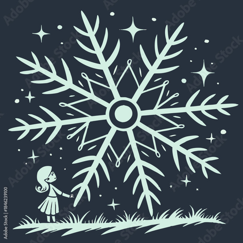 Girl looking up at large snowflake with stars winter 1