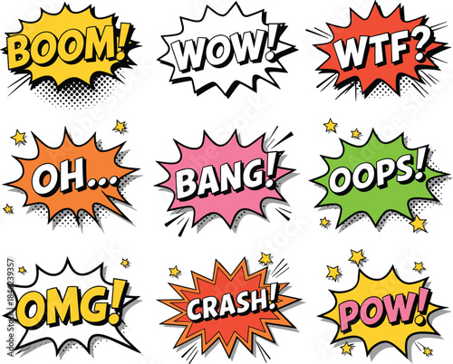 Comic Book Speech Bubbles With Sound Effects And Stars boom