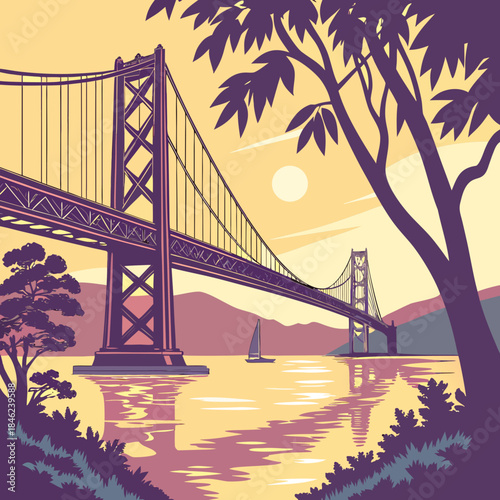 Golden Gate Bridge at sunset with sailboat and trees 1