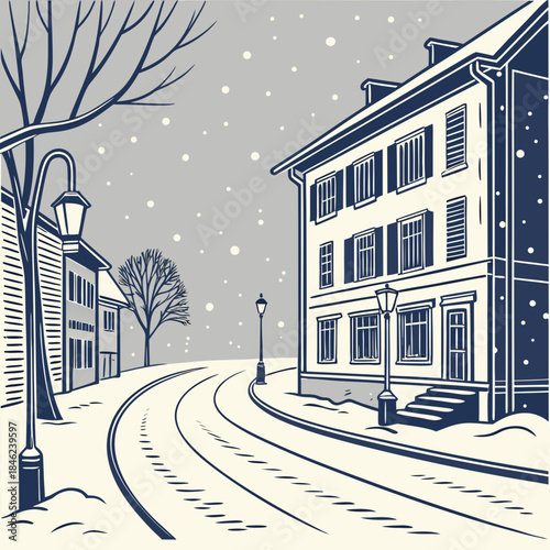 Snowy street with buildings and street lamps winter scene